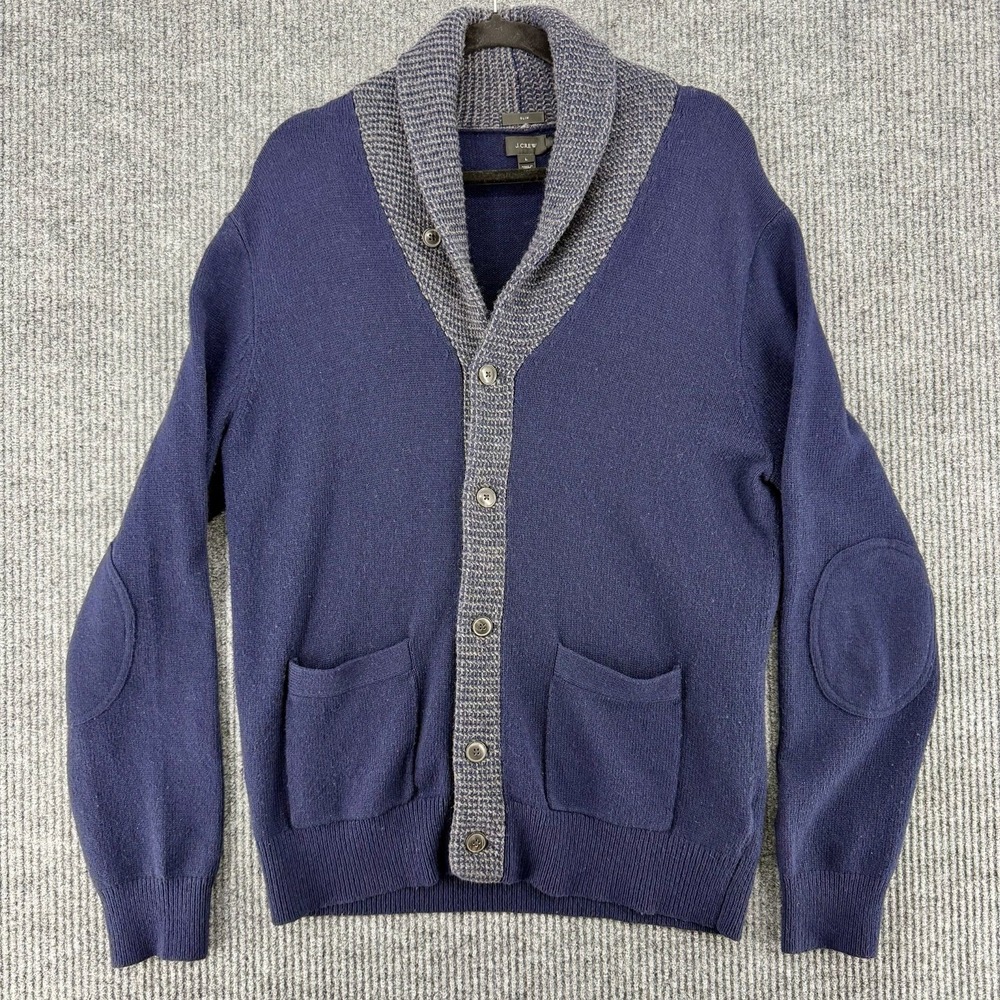 J Crew Shawl Collar Cardigan Mens Large Wool Alpaca Blend Elbow Patch
